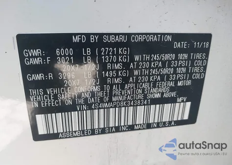 2019 Subaru Ascent Limited из США, поврежденный, VIN 4S4WMAPD8K3438341